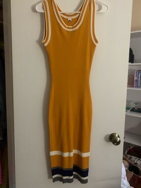 Sleeveless Mustard Ribbed Midi Dress with Contrast Trim